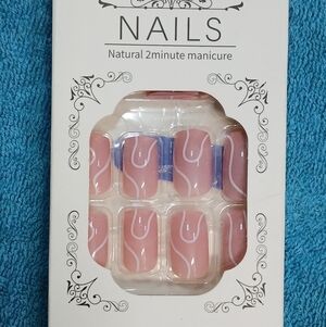 Pink white swirl press on nails 24 piece kit new